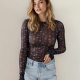 Samantha Floral Print Smocked Cuff Slim Fit Mesh Bodysuit