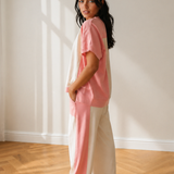 Naylani Two-tone Color Block Patchwork Tee Drawstring Loose Pant Set