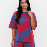 Stay Awhile Set Stripe Striped Ribbed Cotton Two-Piece Short Set with Chest Patch Detail - Red