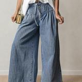 PREORDER Cora Blue Stripe Button Pleated Drawstring Waist Casual Wide Leg Jeans