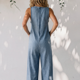 Melany Pintuck Tie V Neck Denim Wide Leg Jumpsuit