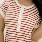 Maisie Stripe Half Buttons Round Neck T Shirt - Red