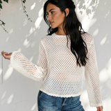 Felicity Scalloped Trim Hollow Out Knit Long Sleeve Top - White