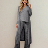 Maggie 3pcs V Neck T Shirt Ribbon Knot Pants Open Duster 3pcs Lounge Set - Gray