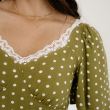 Maleah Polka Dot Print Lacy Neckline Smocked High Waist Maxi Dress