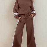 Jordyn Varsity Stripe  Drawstring Wide Leg Pant Set - Chestnut | Dropship