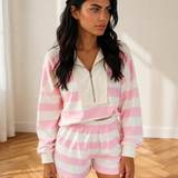 Evelyn Stripe Patchwork Zipper Pullover Elastic Waist Shorts 2pcs Set - Pink