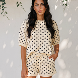 Sunday Slowdown Set Polka Dot Oversized Top Drawstring Short Set - Beige
