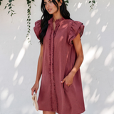 Nellie Frilled Detail Button Down Ruffle Short Sleeve Denim Mini Dress - Red