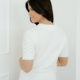 Magnolia Textured Knit Ribbed High Neck Short Sleeve Sweater - White