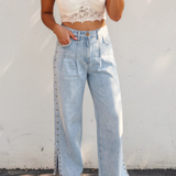 Baylor Studded Side Slit Leg Frayed Pocketed Wide Leg Jeans - Light Wash