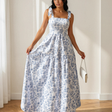 Jaylani Blue Floral Print Knot Straps High Waist Flared Maxi Dress