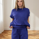 Astrid Textured Short Sleeve Top and Shorts Set - Dark Blue