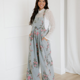 Scottie Floral Print Pleated High Waist Wide Leg Denim Jumpsuit