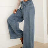 Cora Stripe Button Pleated Drawstring Waist Casual Wide Leg Jeans