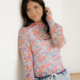 Jaylene Slim Fit Floral Mesh Long Sleeve Mock Neck Top