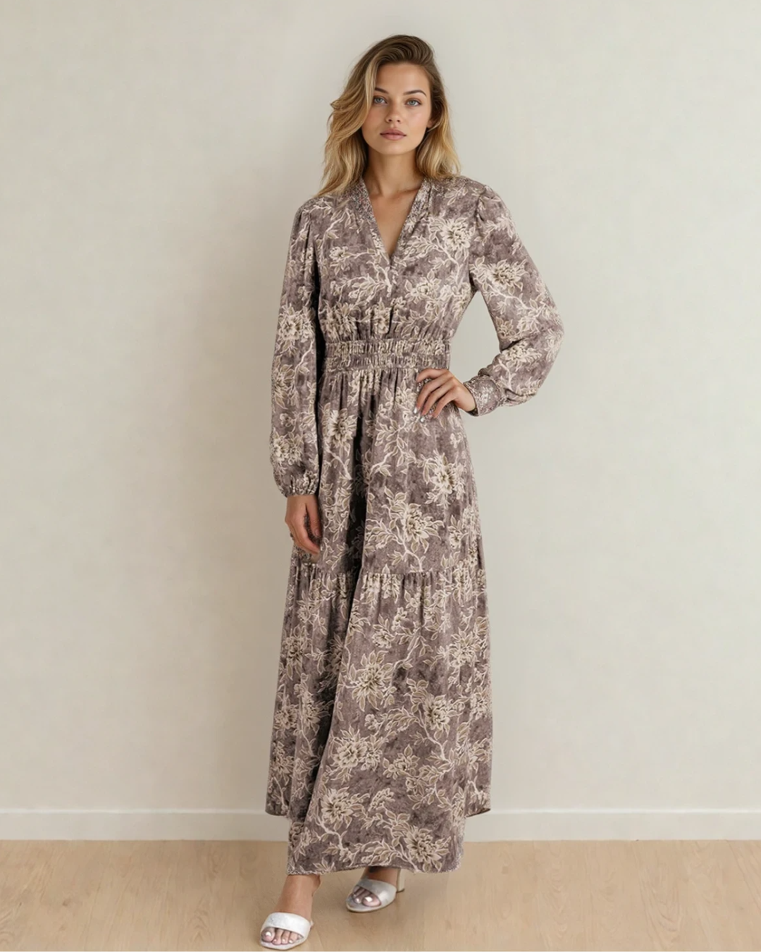 smocked long sleeve maxi dress Aurora Smocked Maxi Dress