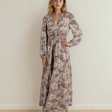 PREORDER Brianna Floral Print Smocked High Waist Long Sleeve Maxi Dress - Brown | Dropship