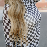 Checkered Mesh Long Sleeve Top - Black | Dropship