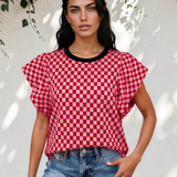 Cassidy Checkered Print Ruffle Short Sleeve Contrast Trim Round Neck Top