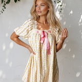 Birdie Floral Print Contrast Ribbon Bow Lace Trim Square Neck Mini Dress