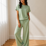 Saturday Mood Set Solid Color Loose Tee Drawstring Wide Leg Pants 2pcs Outfit - Green