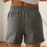 Tessa Stripe Raw Edge Drawstring Elastic Waist Casual Denim Shorts