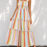 Brynn Striped Print Shirred Frilly Tiered Maxi Dress
