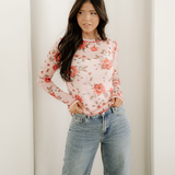 Rose Semi Sheer Crew Neck Long Sleeve Mesh Layering Top