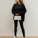 Remi Solid Color Oversize Slit Sweatshirt Ribbed Leggings 2pcs Set - Black