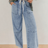 Celestine Acid Wash Exposed Seam Drawstring Elastic Waist Barrel Jeans