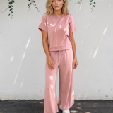 Sunset Walk Set Loose Tee Drawstring Wide Leg Pants 2pcs Outfit - Pink