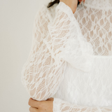 Amara Sheer Lace Bell Sleeve Mock Neck Blouse