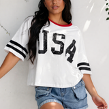 USA Varsity Striped Sleeve Round Neck Tee