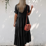 Selah Hidden Buttons Short Sleeve Ruffle Tiered Long Flared Dress