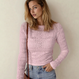 Juliette Semi Sheer Lace Long Sleeve Cropped Top - Light Pink