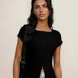 Anika Ribbed Knit Lace Trim Button Down Short Sleeve Top