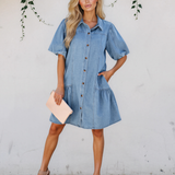 Rowen Button Down Short Puff Sleeve Ruffle Hem Patchwork Denim Dress