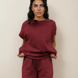 Astrid Textured Short Sleeve Top and Shorts Set - Red Dahlia