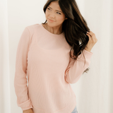 Valerie Rounded Hem Waffle Plain Long Sleeve Top - Pink