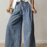 Cora Stripe Button Pleated Drawstring Waist Casual Wide Leg Jeans | Dropship