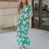 Leila V Neck Ruffled Short Sleeve Flower Maxi Dress