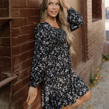 Black Floral Long Sleeve Frilly Shirred Square Neck Mini Dress