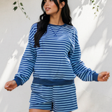 Slow Living Set Stripe Drop Shoulder Long Sleeve Pullover Elastic Waist Casual Short Set