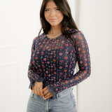 Samantha Floral Print Smocked Cuff Slim Fit Mesh Bodysuit