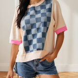 Maia Checkered Denim Patchwork Short Sleeve Loose Top