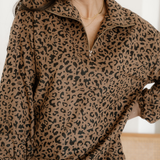 Leopard Print Quarter Zip Corduroy Pullover
