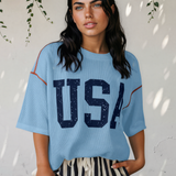 All American USA Graphic Half Sleeve Loose Ribbed Tee - Blue