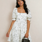 Cleo Square Neck Shirred Back Puff Sleeve Mini Dress