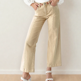 Elsie Solid Color Seamed Center Wide Leg Cropped Jeans - Apricot | Dropship